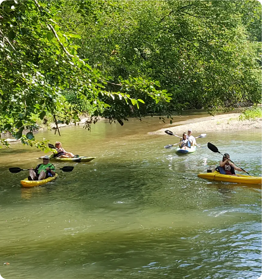 Kayakers paddling along the tree-lined Little Miami River during a self-guided river adventure.